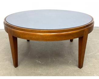 Lot 385 Art Deco Style Midcentury modern circular wood coffee table with inset tinted glass top and tapered