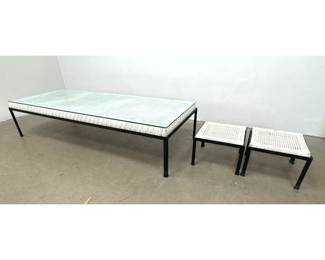 Lot 120 Danny Ho Fong Low Table and 2 Benches. Glass top. 