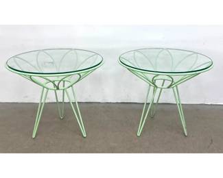 Lot 390 Pair of Mid Century Modern Daisy Petal Glass Top Wrought Iron Side Tables in Mint Green Paint. Unsig
