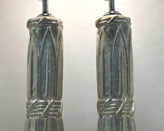 Lot 141 Pr Glazed Silver Leaf Table Lamps. Tall Base Form with Faux Bound Trim Leaf Motif. 