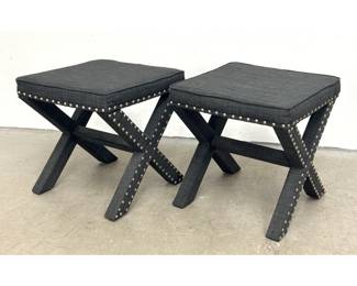Lot 291 Pair Contemporary Charcoal Gray Upholstered Xframe Benches with Polished Silver Tone Nail head Trim