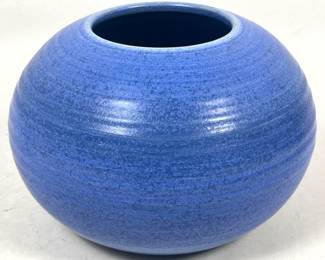 Lot 42 Mobach Dutch Art Pottery Globular Ribbed Vase in Mottled Blue Glaze. Signed and Numbered.