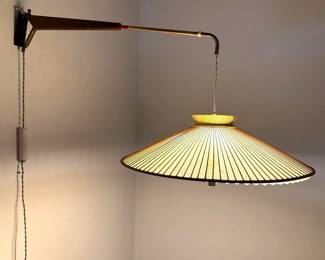 Lot 207 Mid Century Modern Telescoping Swing Arm Wall Sconce Swag Lamp with Large Pleated Coolie Shade and 