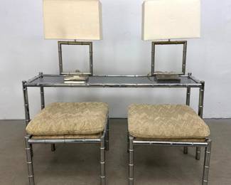 Lot 602 5pc Faux Bamboo Contemporary Furniture. Chrome Frame Console Table. Pr Matching Chrome Tufted Uphols