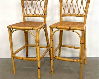 Lot 438 Pair of Vintage Tortoise Rattan and Bamboo Bar Stools with Woven Cane Seats and Loop Backrests
