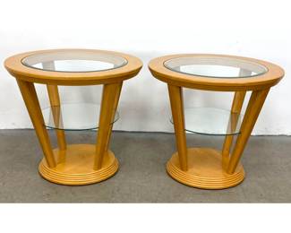 Lot 357 Pair contemporary light wood and glass round tiered side tables with splayed legs and stepped bases.