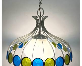Lot 267 Plastic panels. Vintage MidCentury Modern Swag Chandelier White Metal Frame Blue and Green Concentr