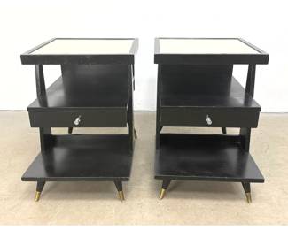 Lot 208 Pair of Mid Century Modern Atomic Style 3 Tier Black Painted Wood Side Tables with Laminate Tops