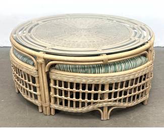 Lot 534 5pc Vintage Rattan and Wicker Nesting Coffee Table Set with Wedge Shaped Stools. Table, 4 stools. Un