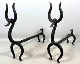 Lot 77 After Russel Wright Figural Deer Andirons. Heavy Wrought Iron Figures. Fire Deer Andirons. Heavy Cas
