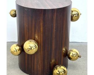 Lot 647 Contemporary Postmodern Cylindrical Pedestal Table in Dark Wood Veneer with Polished Brass Sphere Ac