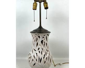 Lot 177 Reticulated White Glazed Ceramic Table Lamp on Turned Wood Base with Double Socket Cluster and Twin 