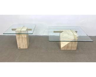 Lot 268 2pc Italian Artedi Postmodern Travertine and Glass Coffee and Side Table Set. Marked.