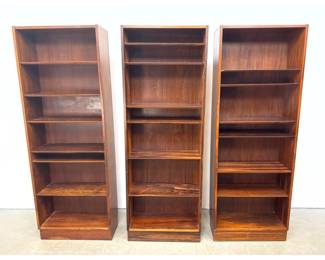 Lot 372 3 Rosewood Bookcases with Adjustable Beveled Shelves and Plinth Bases Three Mid Century Modern Rosew