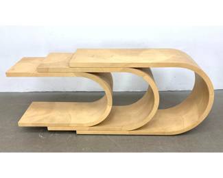 Lot 607 Postmodern Three Tier C Form Console Table with Tessellated Faux Parchment Veneer. Springer style. 