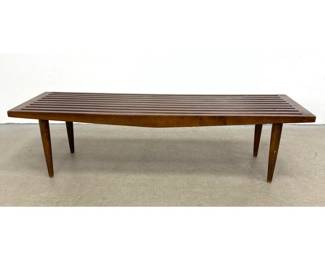 Lot 295 Mid Century Modern Yugoslavian Stained Hardwood Slat Bench with Tapered Legs