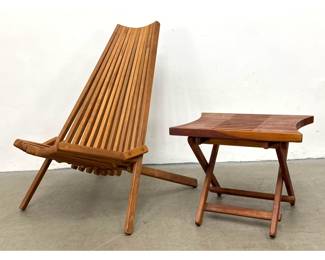 Lot 465 2pc Mid Century Modern style folding Teak lounge chair and matching side table stool
