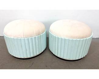 Lot 628 Pair of Circular Fluted Wood Base Pouf Ottomans with Tufted Velvet Upholstery. Art Deco Style.
