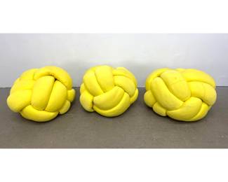 Lot 440 3pc Set Large Sculptural Knotted Ball Floor Cushions Stools. Cushy Canary Yellow Ottomans.