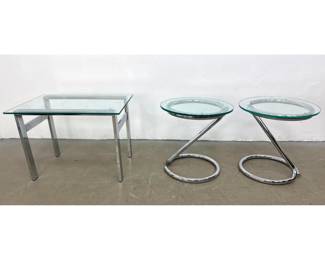 Lot 406 3pc MidCentury Modern Chrome and Glass Table Set including Rectangular Side Table and Pair of Z Fra