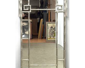 Lot 300 Large Italian Hollywood Regency Faux Bamboo and Greek Key Silver Leaf Wall Mirror