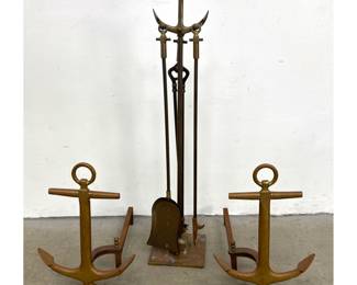 Lot 113 3pc Brass Nautical Anchor Fireplace Set with Andirons and Tool Stand.
