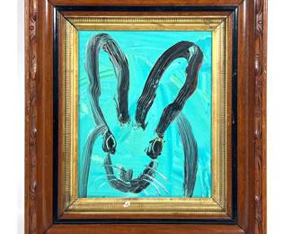 Lot 80 Hunt Slonem oil on panel painting titled AQUA featuring a black rabbit on a turquoise background dat