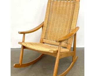 Lot 473 Vintage Mid Century Yugoslavian Beechwood and Woven Jute Rocking Chair. 