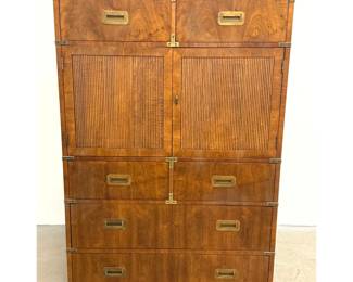 Lot 611 Henredon Campaign Style Gentleman s Chest Dresser in Olive Ash Burl and Walnut. Marked.