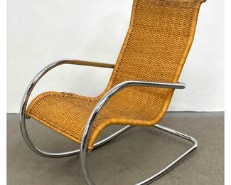 Lot 67 Italian MidCentury Modern Wicker and Tubular Chrome Rocking Chair with Cantilevered Frame