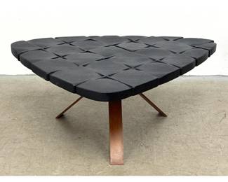 Lot 243 Designer Triangular Carved Wood Coffee Table with Sculptural Quilted Top and Patinated Metal Tripod 