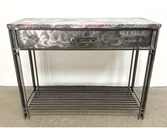 Lot 578 Industrial Modern Brushed Steel Console Server Table with Polished Conglomerate Stone Top and Slatte