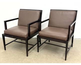 Lot 480 Pair HBF Contemporary Minimalist Brown Leather Armchairs with Dark Stained Wood Frames