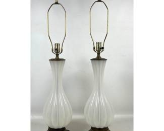 Lot 136 Pair of Italian Murano MidCentury Modern Fluted White Opaline Glass Table Lamps on Ornate Cast Meta