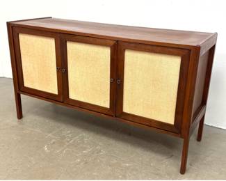 Lot 194 MidCentury Modern Walnut Sideboard Credenza with Woven Grasscloth Door Panels. 