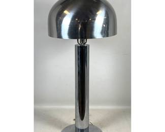Lot 567 TSAO DESIGNS Chrome Mushroom Floor Lamp. Modernist Dome Shade. Label.