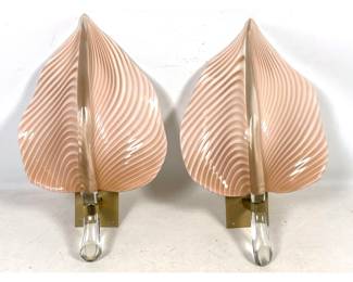 Lot 176 Pair of Murano Style Glass Leaf Wall Sconces with Pale Pink and White Filigrana Pattern and Brass Ba