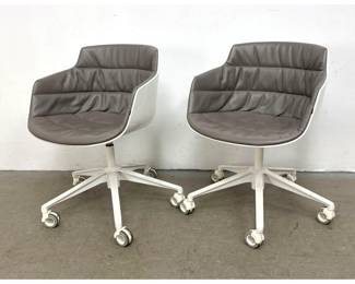 Lot 439 Pair MDF Italia Flow Slim Armchairs by JeanMarie Massaud in white polycarbonate and gray leather.