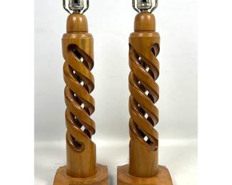 Lot 233 Pr WILLIAM CIESIELSKI  Tall Wood Double Helix Table Lamps. Artisan Studio Modernist Design. Barley
