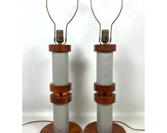Lot 125 Pair Russel Wright Style Table Lamps. Spun aluminum and wood.
