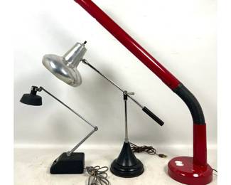 Lot 615 3pc lot of Vintage 20th Century Desk Lamps. Includes Red Fluorescent, Chrome Balance Arm, and Black 
