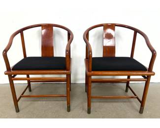 Lot 421 Pr BRUETON INDUSTRIES Ming style Mahogany Armchairs. Brass foot caps. Black upholstery. Label. 