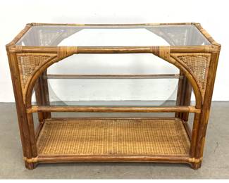 Lot 354 Vintage Rattan and Wicker Console Table with Glass Shelves and Arched Framework