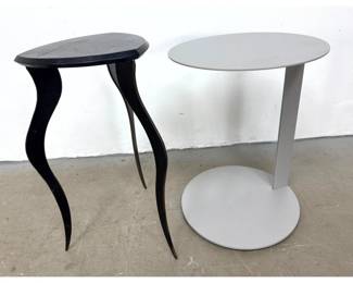Lot 405 Two modern metal side tables including a Cshaped minimalist gray pedestal and a tripod accent table