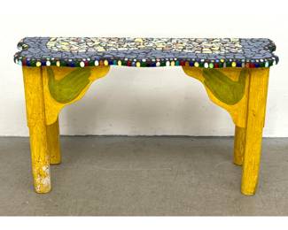 Lot 139 Folk Art Mixed Media Mosaic Top Wood Bench with Yellow Distressed Finish Celestial Cutouts and Paint