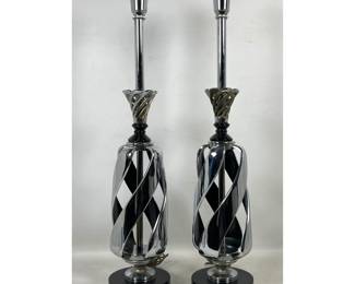 Lot 143 Pair of MidCentury Modern Chrome and Black Enameled Metal Twist Cage Table Lamps. Unsigned.