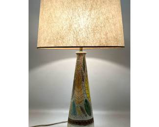Lot 495 MidCentury Modern Table Lamp with Sgraffito Leaf Decoration and Fiberglass Shade