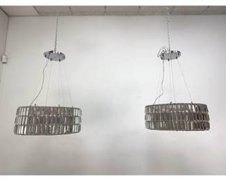 Lot 644 Pair of Modern Triple Tiered Crystal and Beaded Wire Drum Chandeliers. Unsigned.