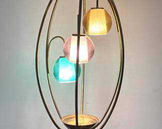 Lot 625 Mid Century Modern Sculptural Oval Brass and Wood Table Lamp with 3 Multi Colored Cased Glass Globe 