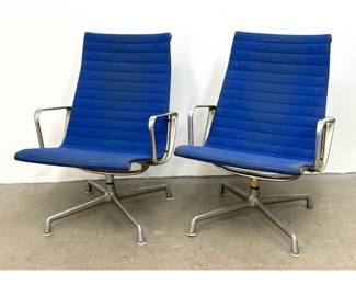 Lot 137 Pair Herman Miller Eames Aluminum Group High Back Lounge Chairs with Blue Fabric and 4 Star Swivel B
